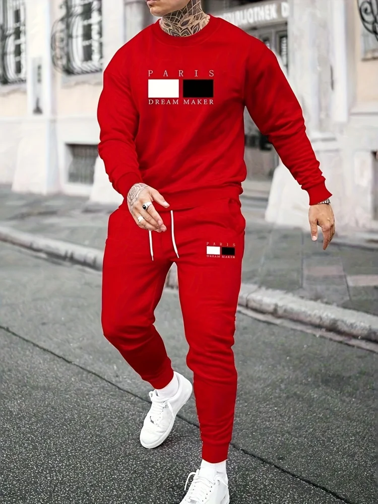 Men's Casual Long-Sleeve Pants Set Urban Street Style 3D Letter Print Crew Neck Long-Sleeve Top With Fashionable Casual Pants