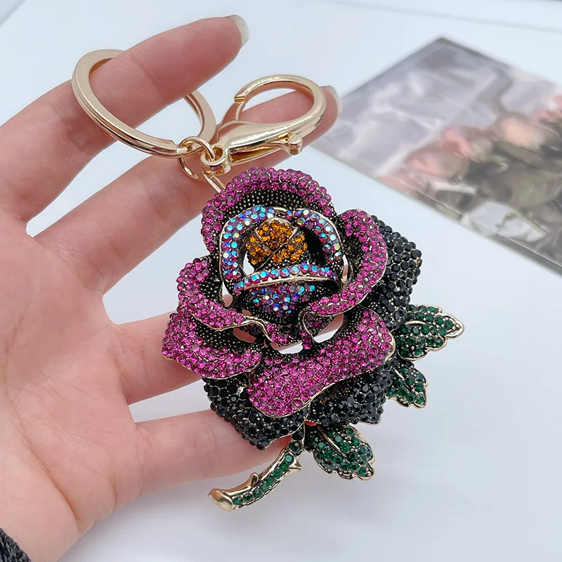 Creative alloy cute rhinestone rose car key ring women\'s bag accessories flower metal pendant small gift