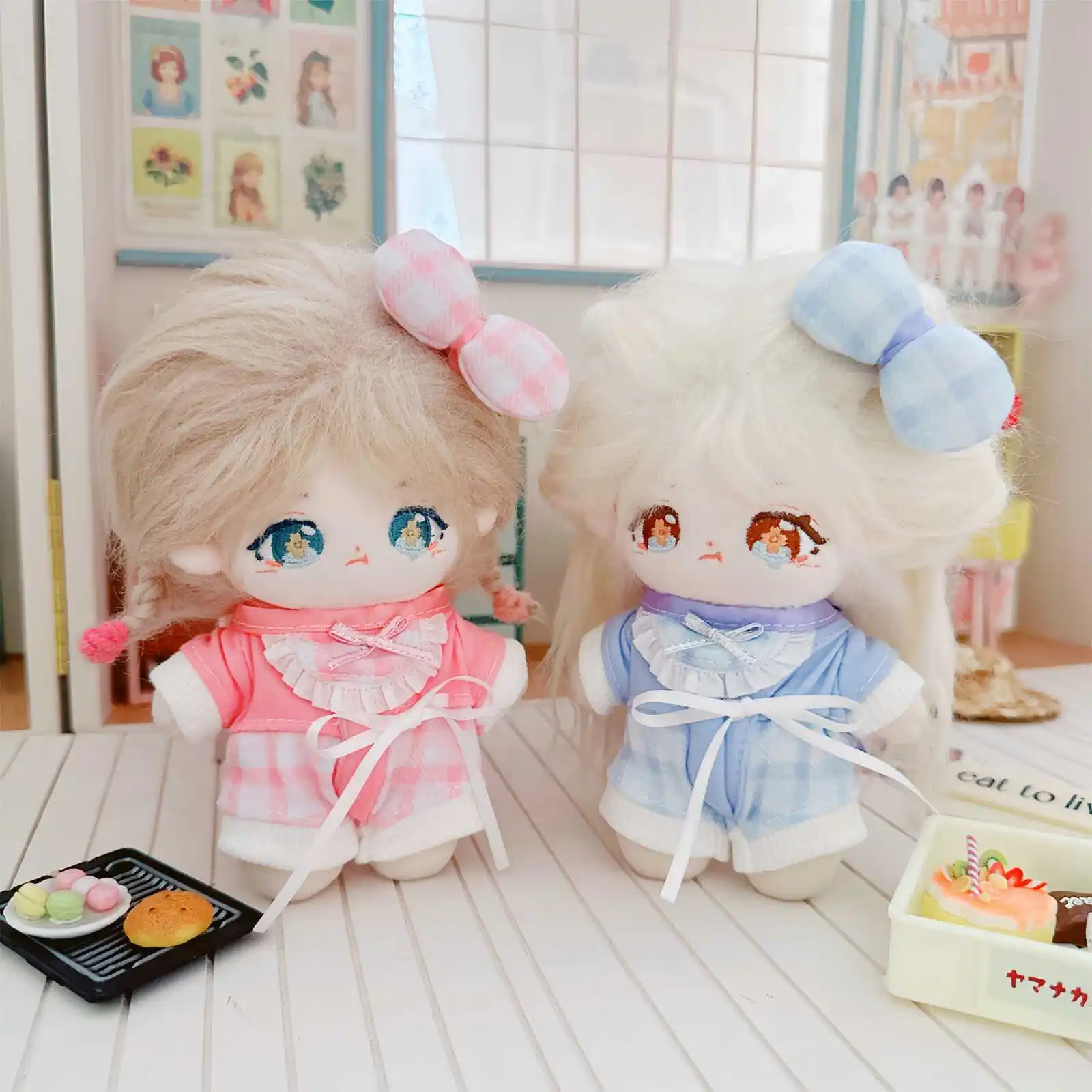 Cute Plush Cotton Pajamas Suit, Kawaii Idol Doll Clothes, Cute Pajamas, Pink and Blue, Kids Collection, Fans Gifts, 10cm, 3Pcs