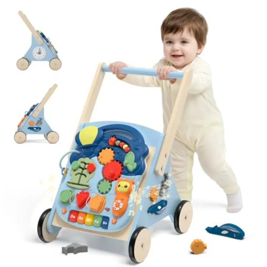 

Baby push walker for learning to walk wooden natural wood color 10-in-1 Montessori activity board with detachable toys and stor