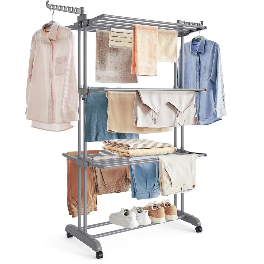 Large Clothes Airer, Foldable Plastic Clothes Drying Rack Laundry 4-Tier, Moveable Clothes Horse