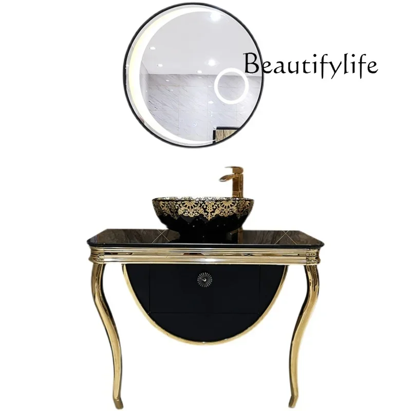

Mobile da bagno in acciaio inossidabile combinato leggero hotel di lusso lavabo da pavimento lavabo da tavolo artistico