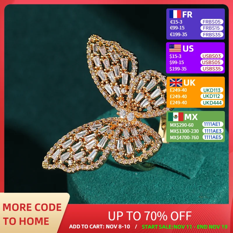 

Vintage Cubic Zirconia Jewelry Butterfly Ring Relief Beauty Gold Color Luxury Quality New In 2025 Women Accessories Christmas