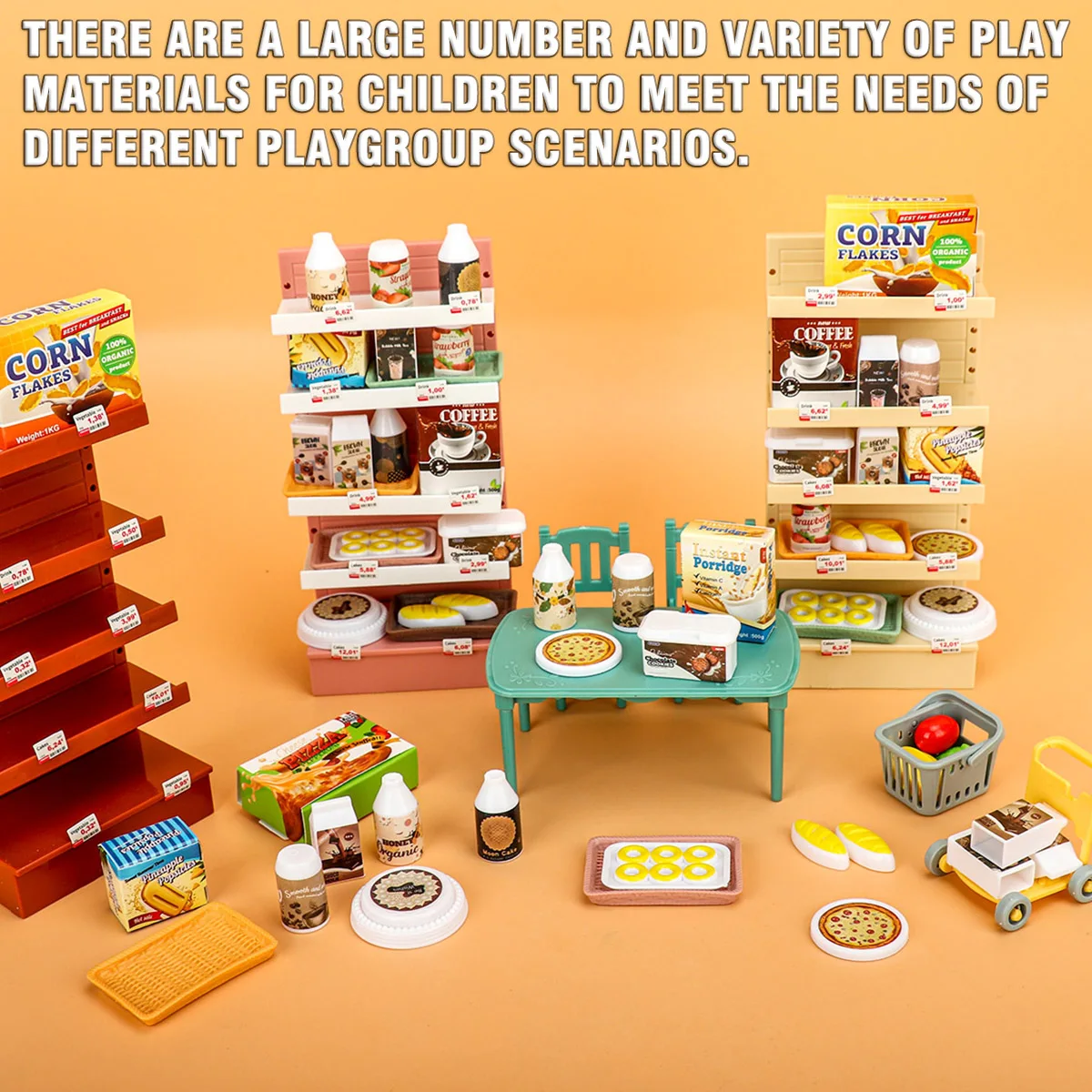 Prateleira de supermercado para crianças, brinquedos de simulação, comida em miniatura, ornamentos, casa de boneca, mini produtos aleatórios, modelo de rack de exibição de lanche