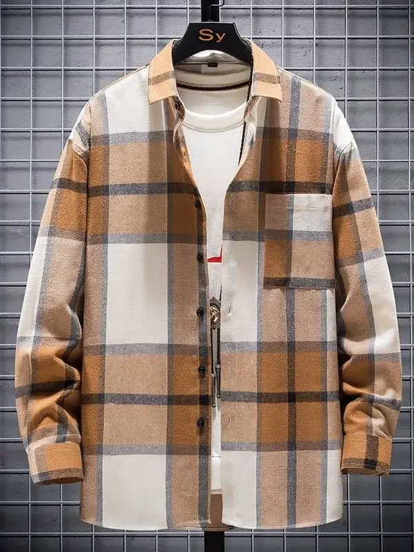 

New Men's Loose Brushed Plaid Long Sleeve Shirt Youth Fashion PU Leather Thickened Spring CleanFit Square Collar Inner Wear