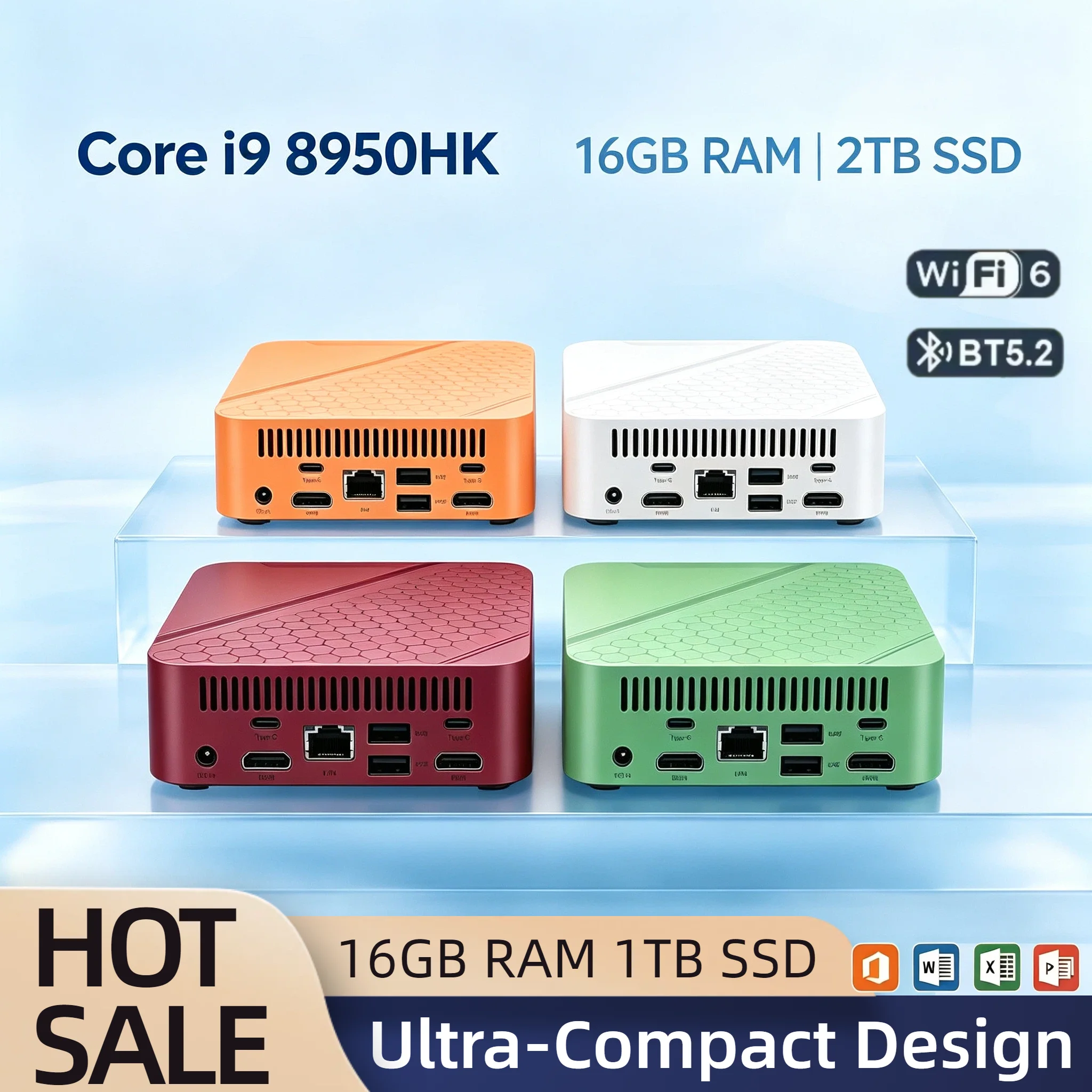 Desktop Mini Intel Core i9 8950HK 16GB DDR4 2TB NVMe SSD Triple 4K HDMI WiFi6 BT5.2 High Performance Office Home Pro Student PC