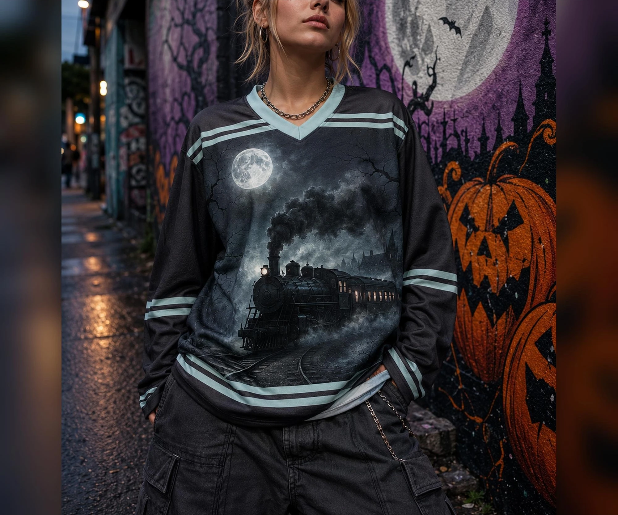 Vintage Gothic Ghost Train Graphic Hockey Jersey 3D Print V Neck Oversized Long Sleeve Halloween Streetwear Tops Family Matching