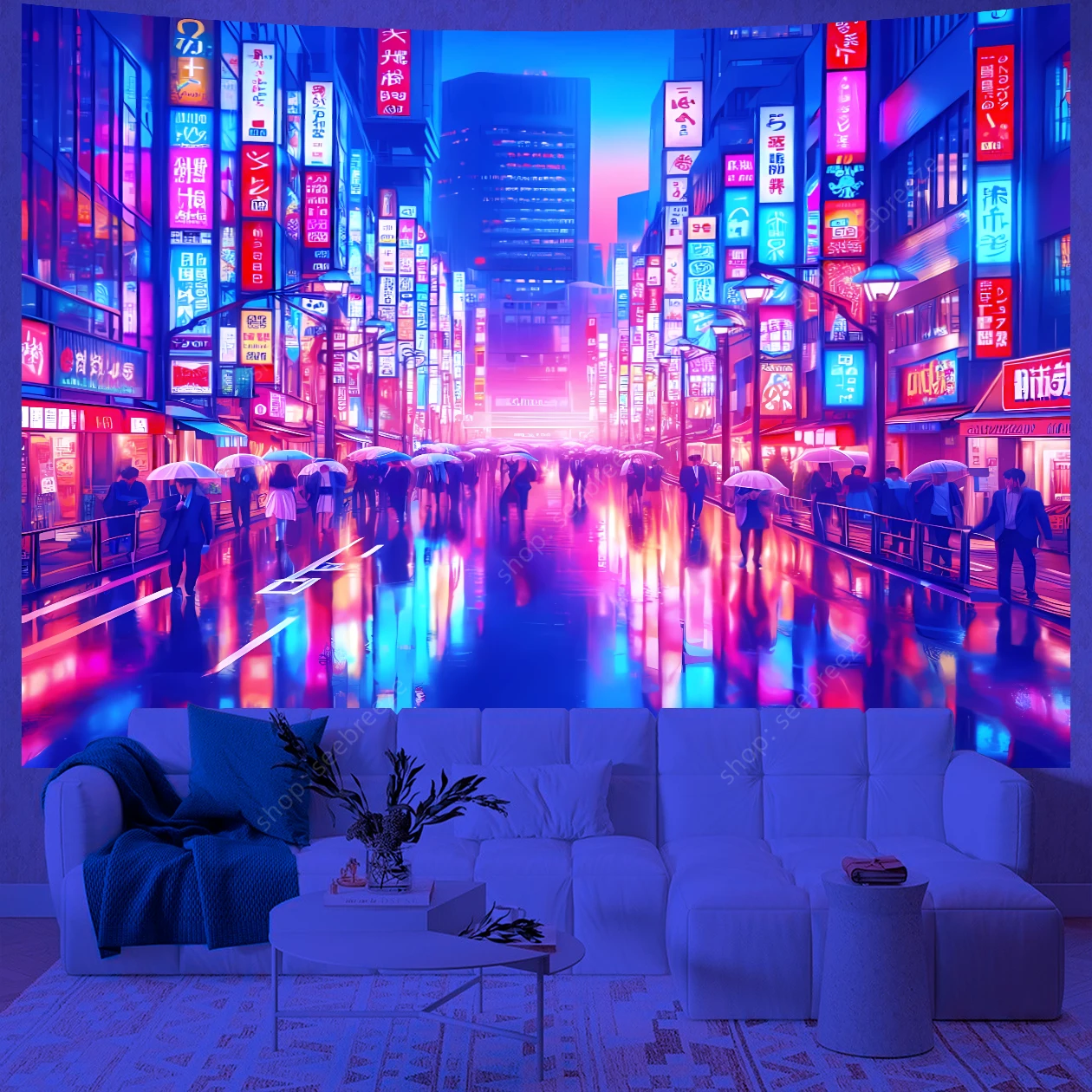 Japanese Anime Art UV Reactive Tapestry Tokyo Bustling Night Market Street Scene Wall Hanging Curtain Decor Home Wall Tapestries