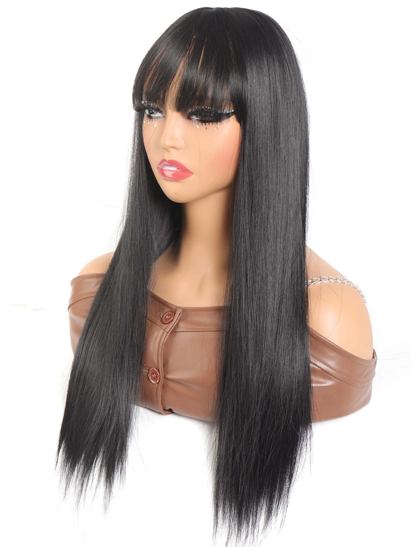 Synthetic 24 INCH Replacement Wig With Bangs Top Hair Pieces Cover Black Hair Straight Natural Invisible Replacement Fake Hair