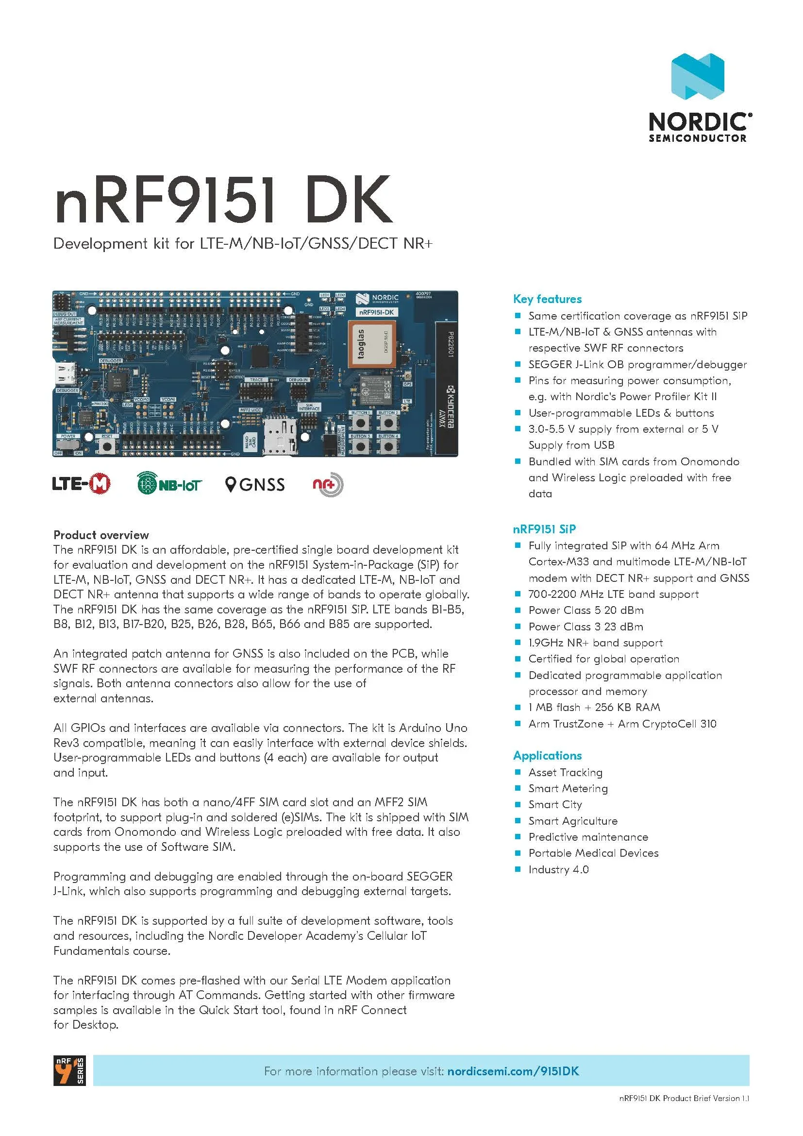 SmCpNordic Semiconductor NRF9151-DK RF Development Tools NRF9151 LTE-M/NB-IoT/GNSS/DECT NR+ Development Kit