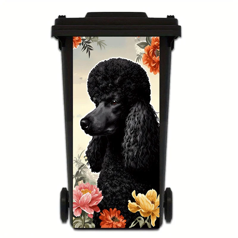 1 piece of black poodle floral pattern trash can sticker, 2D flat.
