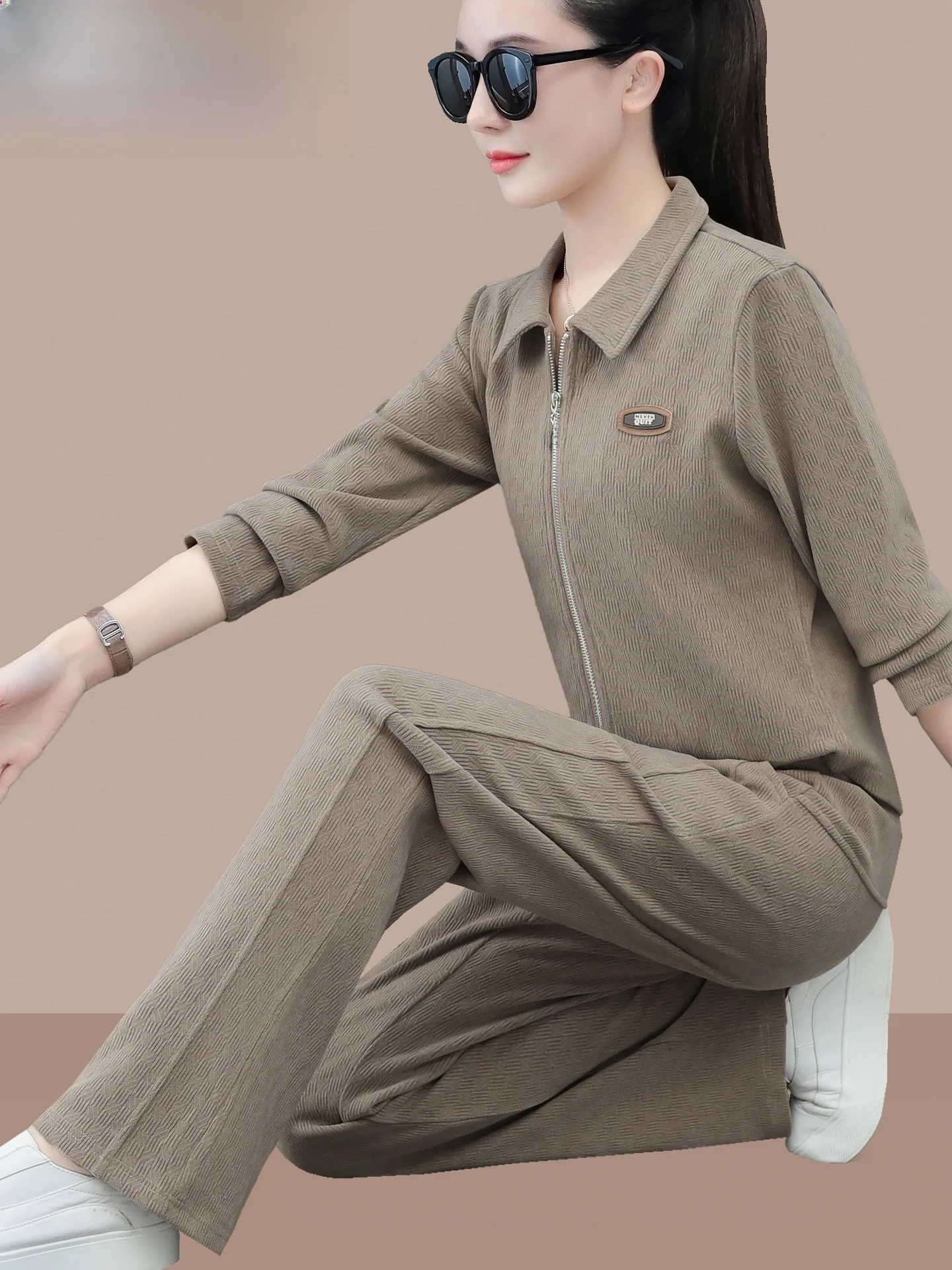 tucano-woodpeer-collared-sweatirt-sports-set-women's-2025-new-spring-autumn-slimming-mom-casual-two-piece-set