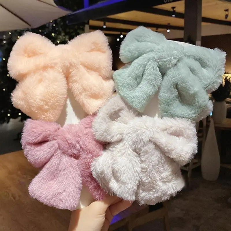 1/3Pcs Plush Big Bow Hairpins For Women Girls Solid Color Faux Fur Spring Clip Barrettes Soft Warm Bowknot Hair Clips Headwear