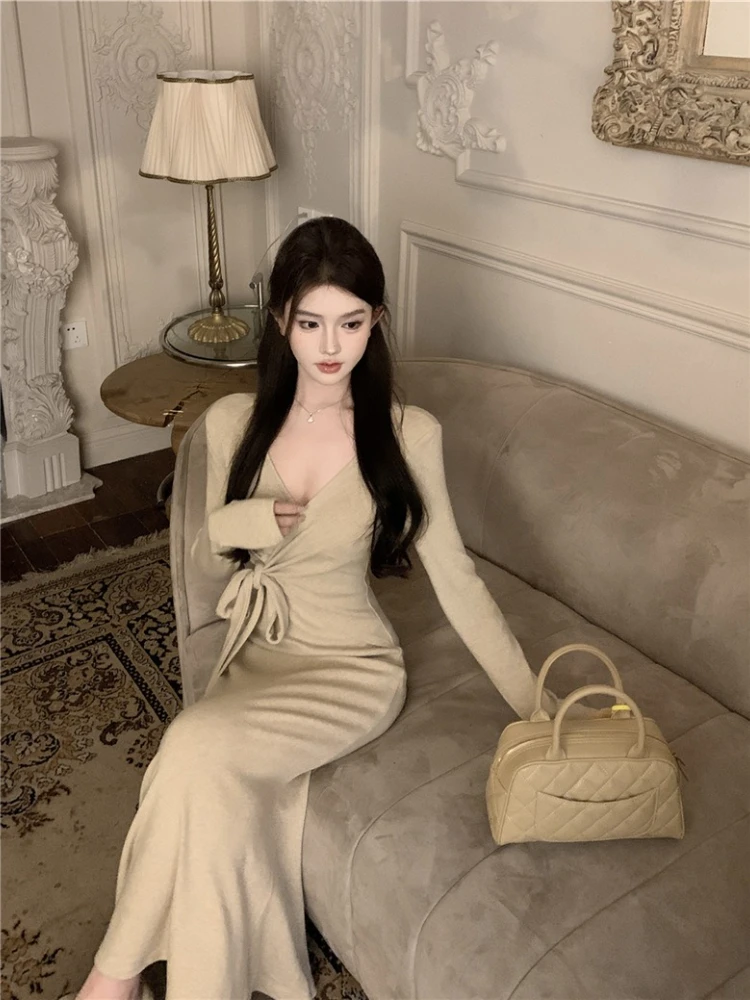 Robe longue en tricot, col en v croisé, manches longues, fente latérale, moulante, amincissante, Vintage, Boho, Chic, cravate à la taille, nouvelle collection automne hiver 2025