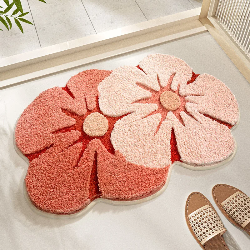 Bathroom Mat Semicircle Floor Mat Entrance Scrape Door Mat Non-slip Floral Dustproof Absorbent Carpet Bathtub Pad Home Entry Rug