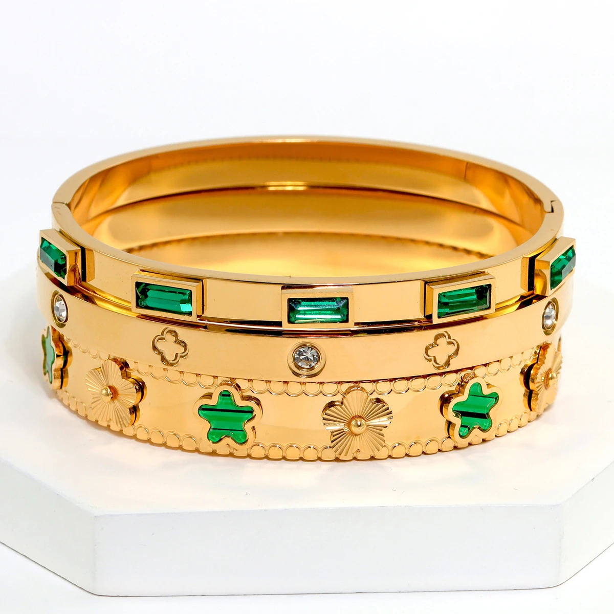 3 قطعة/المجموعة الأوروبية والأمريكية الأزياء الفولاذ المقاوم للصدأ سوار للنساء مع زهرة تصميم مجموعات الإسورة والمجوهرات #5