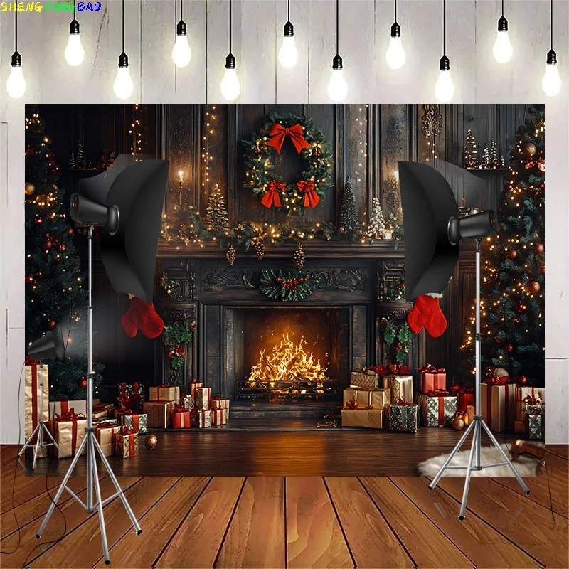 Festive New Year Background Homely Atmosphere Fireplace With Christmas Tree Presents Wreath Archway Photography Backdrops DC-21