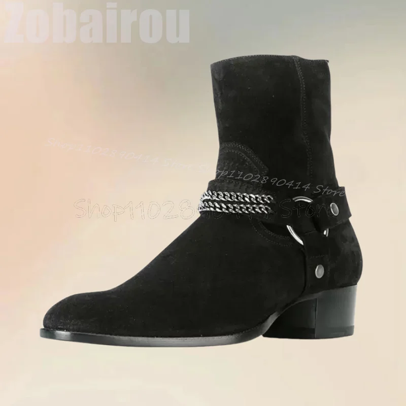 

Metal Chain Belt Fastener Decor Black Mid Calf Boots Fashion Side Zipper Men Boots Luxury Handmade Party Office Men Casual Shoes