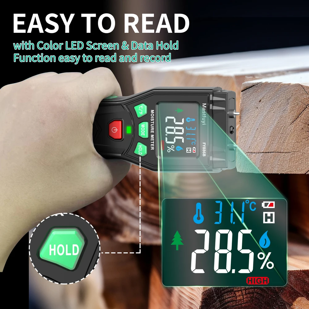 MASTFUYI FY886B Digital Wood Moisture Meter 0~60% LED Display Wood Humidity Moisture Detector Ambient Temp Humidity Tester