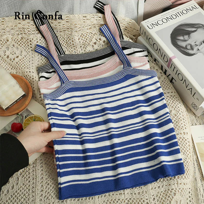 

Rin Confa Women Summer New Style Stripe Crop Tops Fashion All-Match Sweet Camisole Slim Thin Short Knitting Sleevless Tops