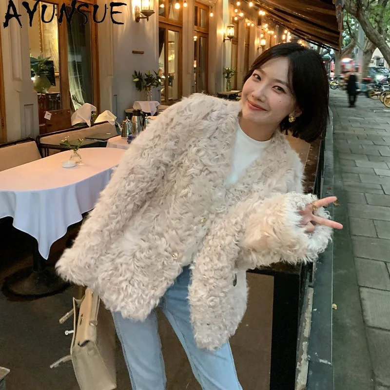 AYUNSUE Women Toscana Lamb Fur Coat Genuine Shearling Fur One Piece Outerwear Female Winter Clothes Short Fashion 2026 Дубленка