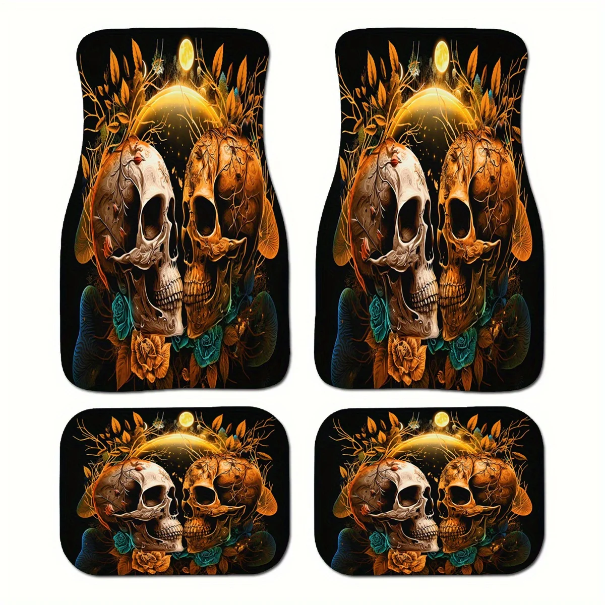 4pcs Kiss Of Skull Print Design Carpet Car Floor Mats For Auto Van Truck SUV-4pcs Front& Rear Full Set Universal Fit Car Interio