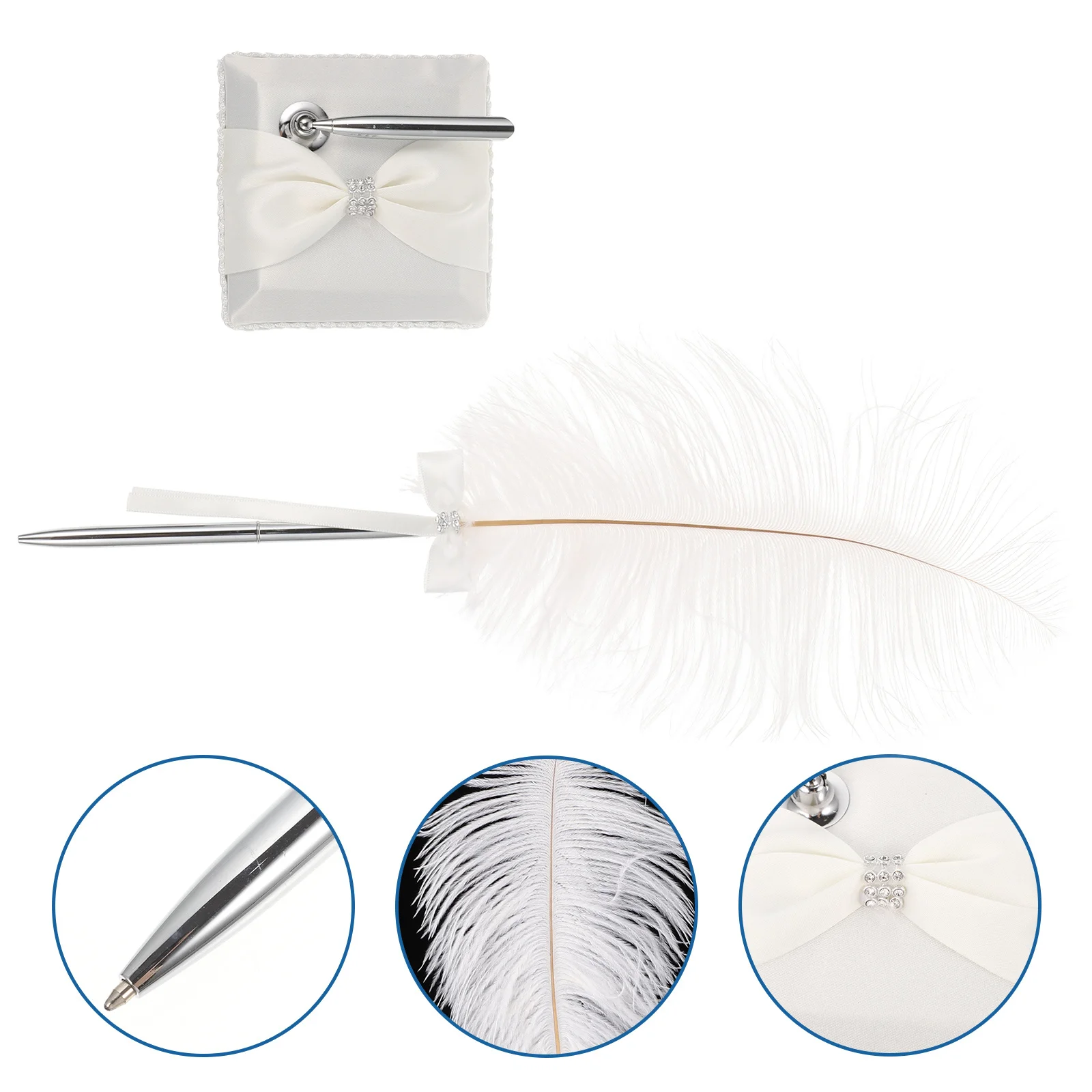 

High End Bridal Guestbook Pen with Real Ostrich and Metal Holder Wedding Signing Set with Dual Ink Colors