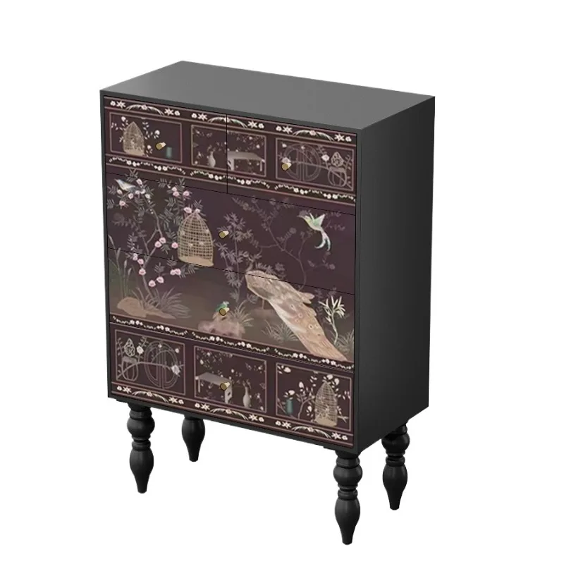 Armadietto decorativo dipinto medievale Stampa retrò cinese fissa, cassettiera per camera da letto in legno massello contro il muro