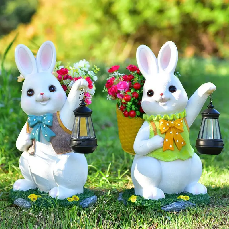 Cartoon Lantern Rabbit Flowerpot Resin Decoration Landscape Kindergarten Sculpture Crafts Outdoor Courtyard Figurines Ornaments