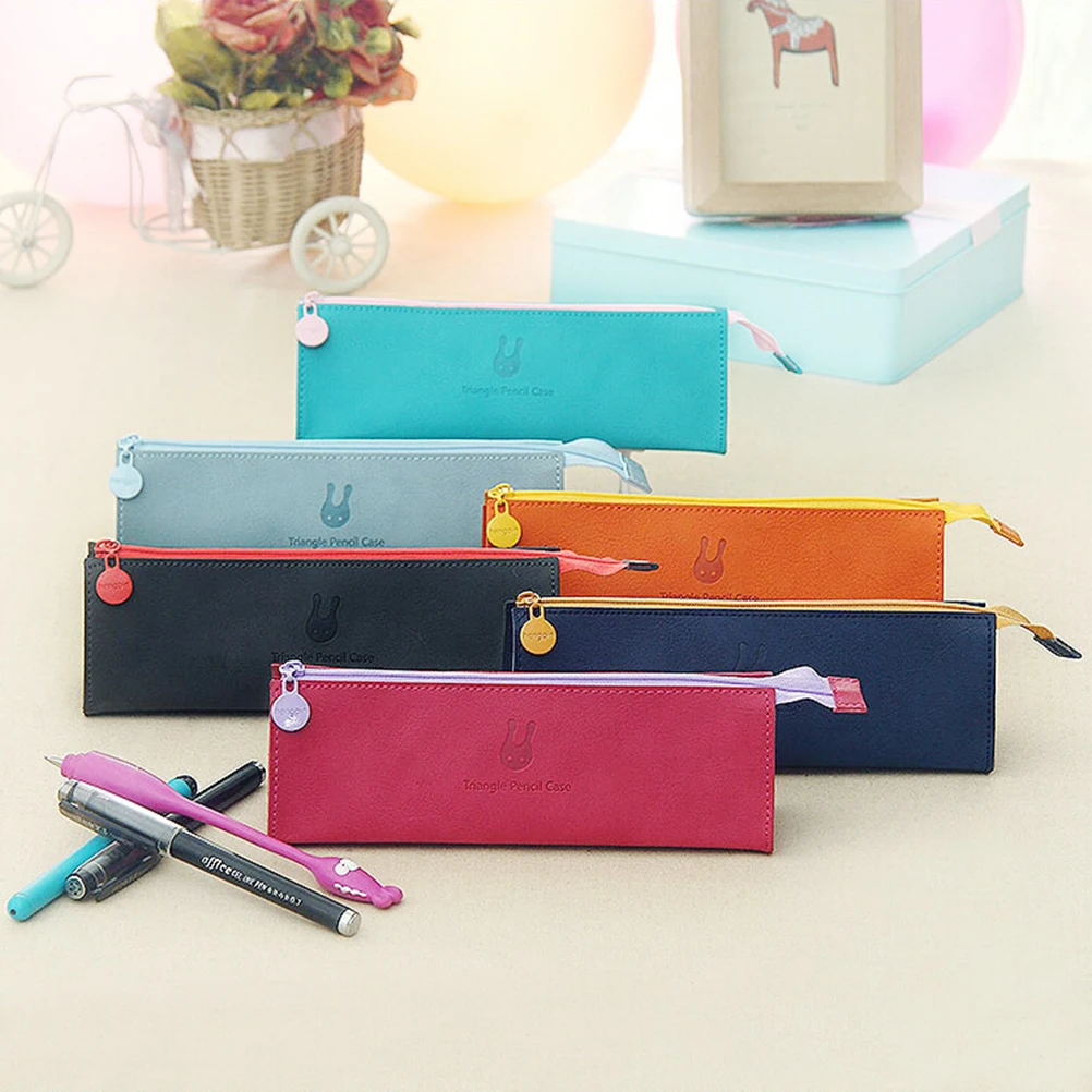 

Triangle Pencil Bag Navy Blue Texture Scratch Resistant Stationery Organizer Large Capacity Pen Pouch Coin