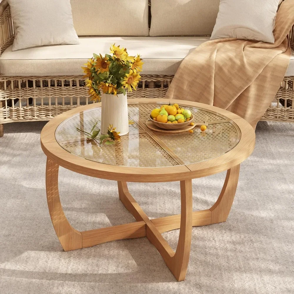 Round Wood Coffee Table with Glass Rattan Top, Wooden Circle Center Table with Curved Legs & Removeable Tempered Glasstop