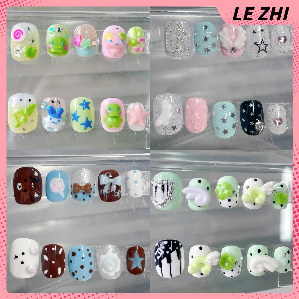 

Sweet Lovely Rilakkuma Handmade Short Square Round Press On Nails Flash Stars Diamond Polka Point Wings Bow Nails Party Stickers