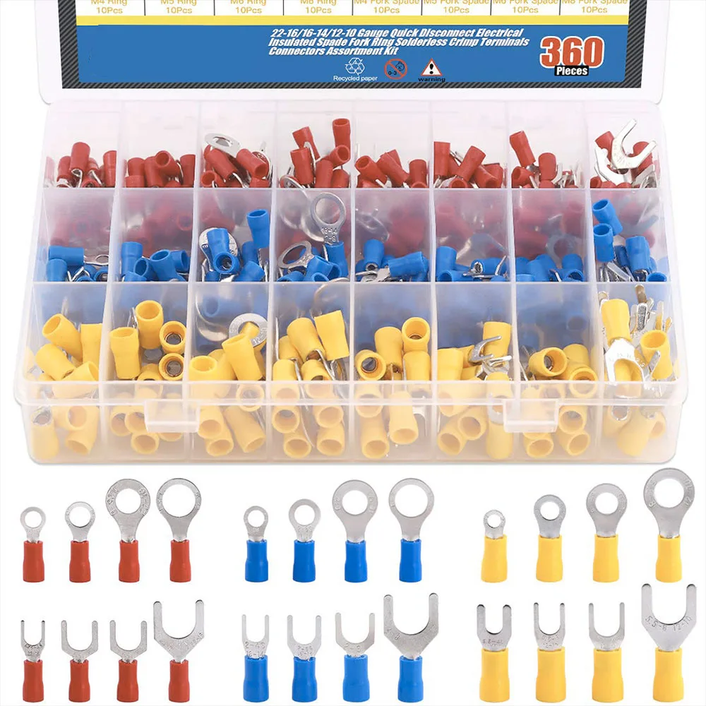 

360pcs 22-16/16-14/12-10 Gauge Quick Disconnect Electrical Insulated Spade Fork Ring Solderless Crimp Terminals Assortment Kit