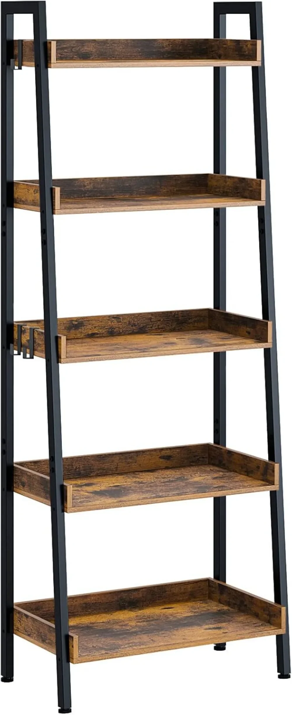 Bookshelf, 5 Tier Ladder Bookshelf with 3 Hooks, Industrial Bookcases, Freestanding Display Plant Shelves with Metal Frame