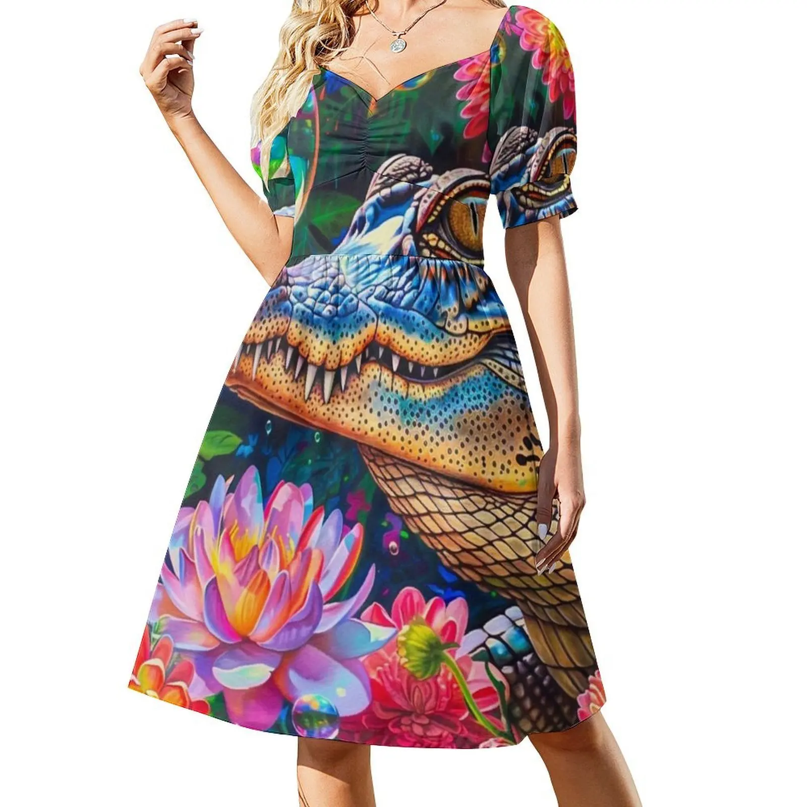 Gaun Gaya Korea Bubbles untuk Wanita Gaun Kasual Elegan untuk Pesta atau Pakaian Sehari-hari Bubbles Alligator Flowers Animals Female