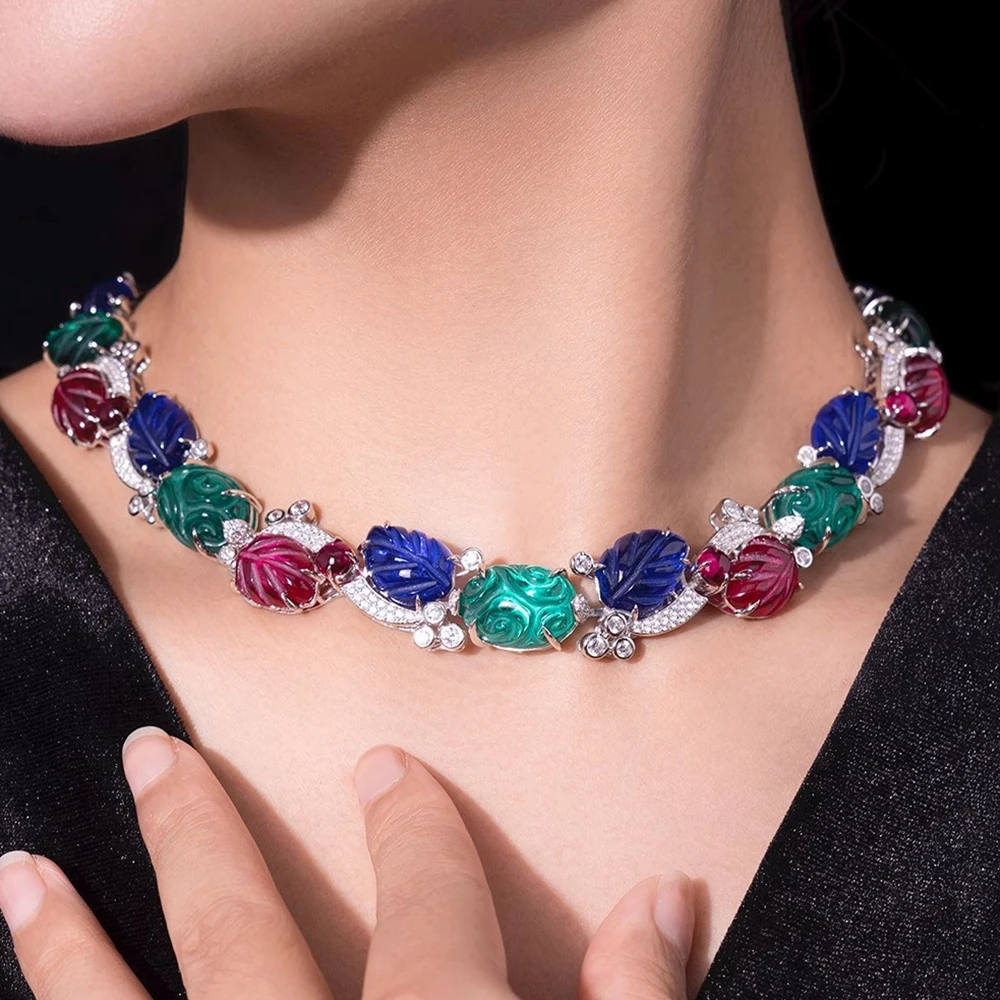 ARIGAYA 925 Silver Gold Plated Synthetic Zircon Fruit Carving Colored Gemstone Banquet Vintage Fine Necklace