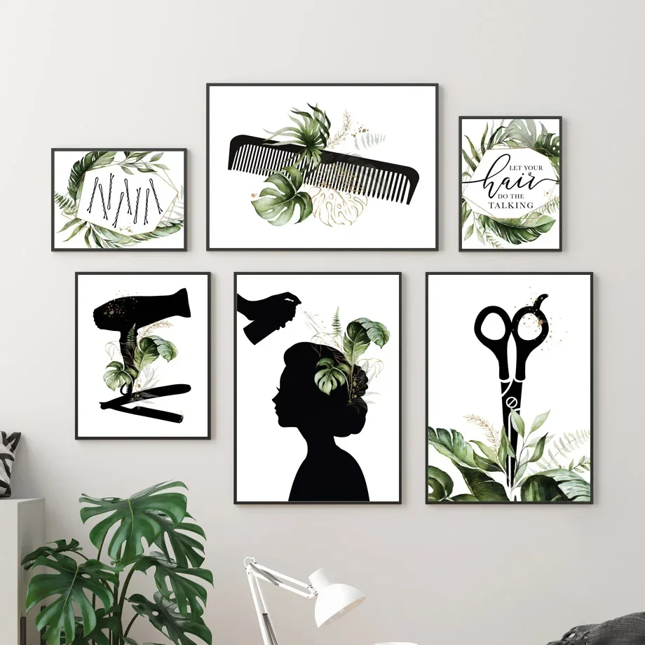 Monstera Hair Dryer Scissors Comb Issue Card Art Canvas Painting Posters Prints Wall Pictures For Living Room Beauty Salon Decor