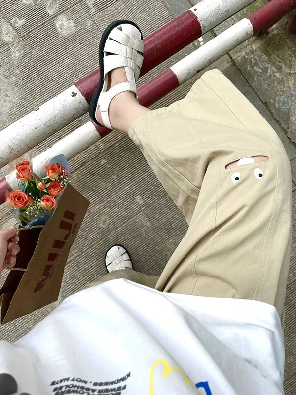 

Ретро японские мультяшные брюки Utili, женские летние дизайнерские чувственные широкие брюки с эластичной резинкой на талии