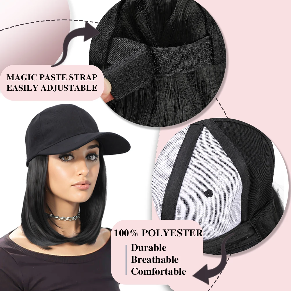 Baseball Cap with Synthetic Hair Extensions 10 Inches Straight Short Bob Hairstyle Adjustable Wig Hat for Women Girls