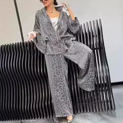 Casual losse luipaard fluwelen rits jassen en broeken tweedelige sets dames herfst winter gordel print jassen + wijde pijpen broeksets