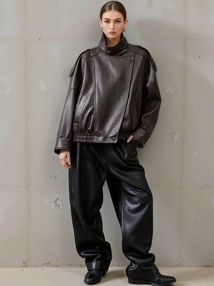 HH Autumn Women Fashion Turtleneck Faux Leather Jacket Vintage
