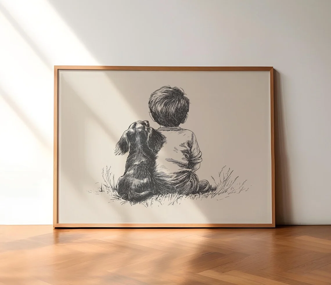Timeless Bond Sketch Wall Art - Serene Print Celebrating Puppy Love. The Soft Beige Backdrop and Contemplative Figures Create a