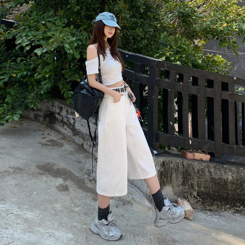 American Retro High Waist Loose Wide-leg Pants Spring and Summer Straight Cropped Jeans Women's Shorts.