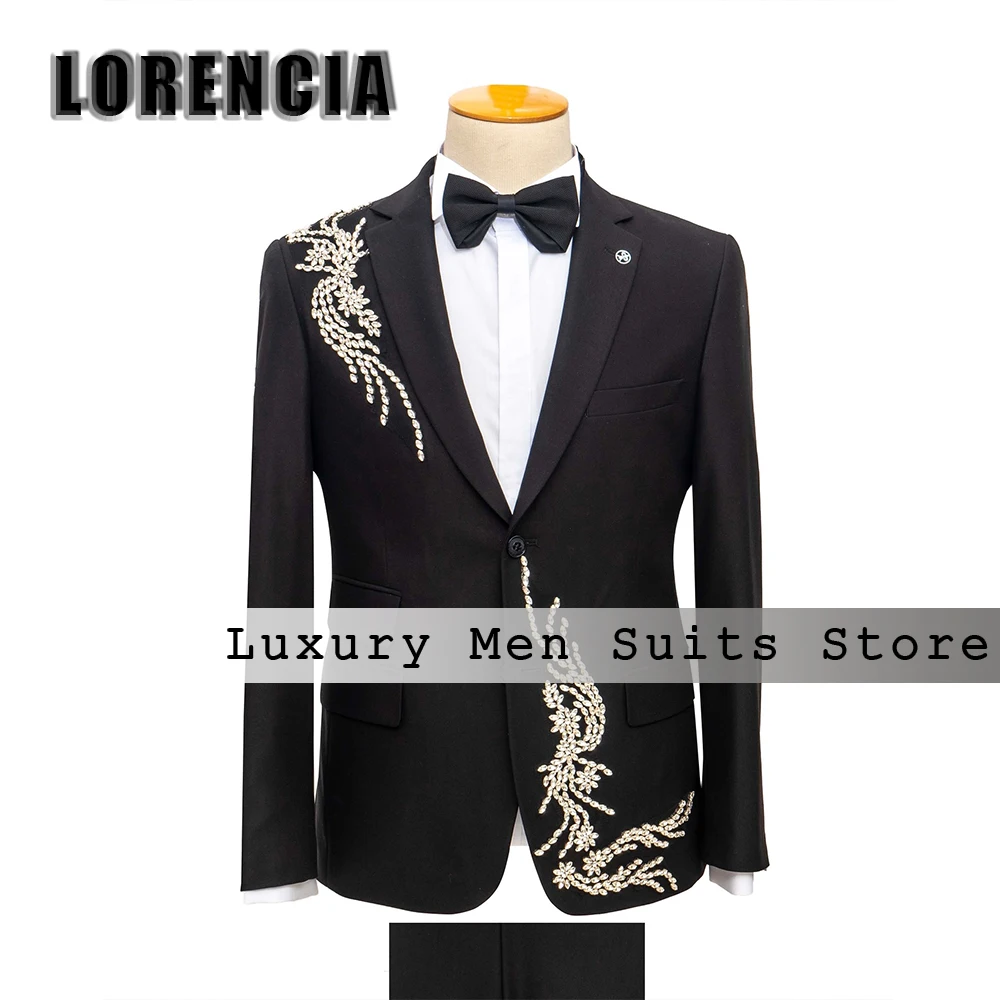 

Casual Crystal Men Suit 2 Pieces Single Breasted Wedding Tuxedos for Groom Male Clothing Customized Blazer Pants costumes homme