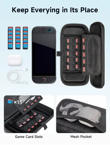 Imagen 2 del producto Estuche de transporte Switch 2, bolsa protectora para bolso de transporte Compatible con Nintendo Switch 2, estuche rígido con 15 ranuras para tarjetas de juego
