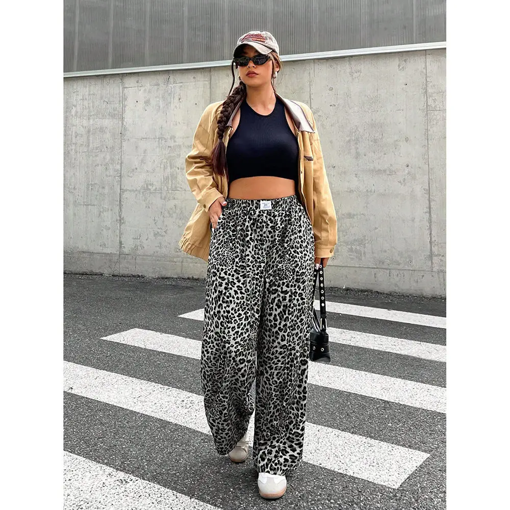 Women Loose Fit Cargo Pants Leopard Print Casual Trousers High Waist Straight Leg Fashion Streetwear Comfortable Bottoms