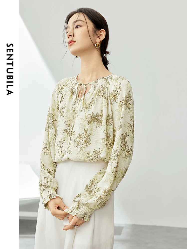 SENTUBILA Lace-up Round Neck Floral Shirt 2024 Spring Long Sleeve Top for Women Elegant Printed Loose Shirt & Blouse 141V53626