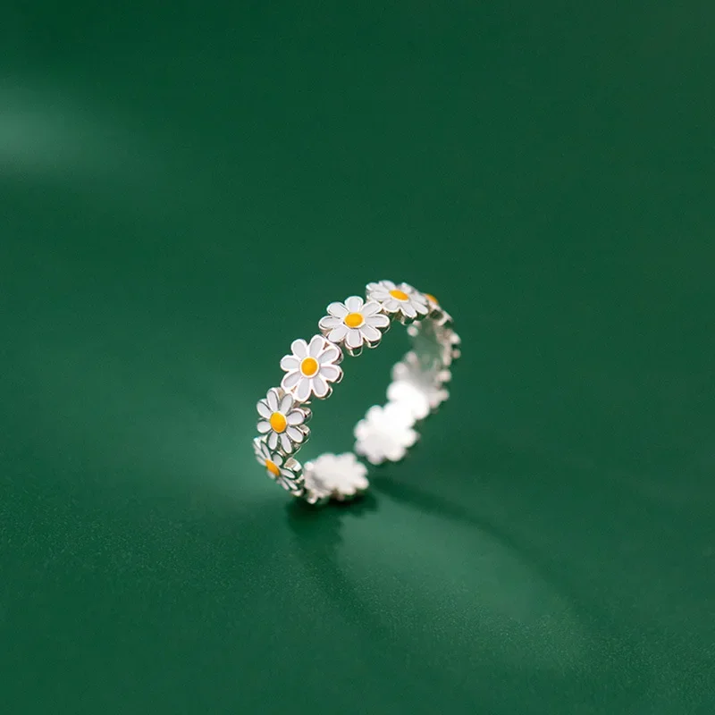 Korean Style Adjustable Opening Finger Ring Bride Wedding Engagement Statement Jewelry Gift Vintage Daisy Flower Rings Earrings