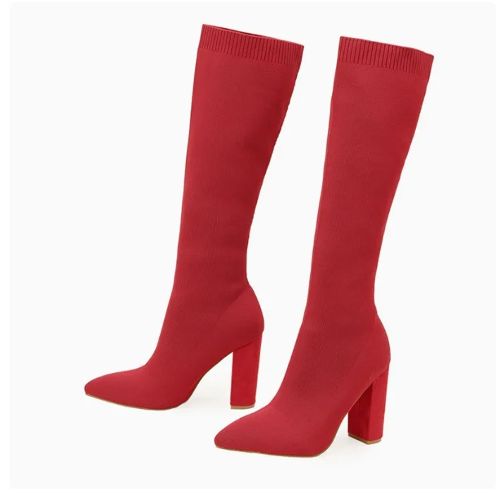New Sharp pointed thick heel elastic women's boots Heel Boots Fashion suede comfortable shoe Casual high top trendy boot Light
