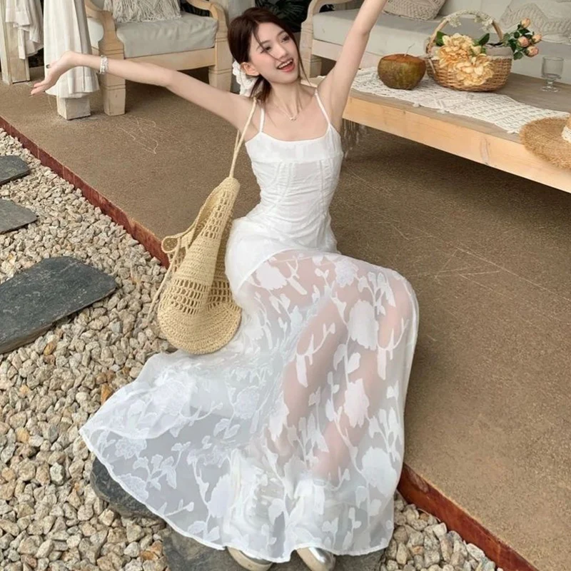 Francuska haftowana sukienka na ramiączkach damska plaża Spaghetti pasek głęboki dekolt sukienka Maxi kobieta Temperament linia A sukienka bez rękawów Mujer